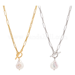Anattasoul 2 pièces 2 couleurs ensemble de colliers pendentif en perles naturelles, chaînes de trombones en acier inoxydable colliers empilables pour femmes, or et acier inoxydable Couleur, 17.60 pouce (44.7 cm), 1 pc / couleur