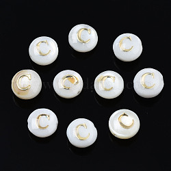 Natural Freshwater Shell Beads, with Golden Plated Brass Etched Metal Embellishments, Flat Round with Letter, Seashell Color, Letter.C, 6x4mm, Hole: 0.8mm