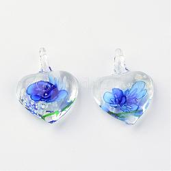 Сверкающие кулоны лэмпворк ручной работы, с внутренним цветок, сердце, синие, 27~33x21~23x9~11 мм, отверстие : 4~7 мм