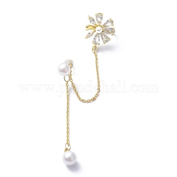 Flower Cubic Zirconia Asymmetrical Earrings, Brass Ear Cuff Wrap Climber Earrings, Crawler Earrings Dangling Chain, with Silver Pins, Golden, 75x1mm, Pin: 0.7mm