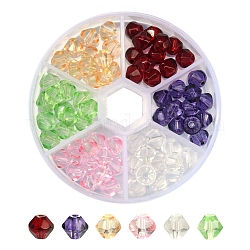 90 pz 6 colori perle di vetro trasparente sfaccettato, bicono, colore misto, 8x7mm, Foro: 1.2 mm, 15 pz / colore