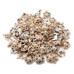 Pandahall elite 90 piezas 9 estilo chapado uv acrílico colgantes configuración de rhinestone, con perlas de imitación de plástico abs blanco cremoso, la luz de oro, 31.5x25x8.5mm, agujero: 2 mm, 10 piezas / style