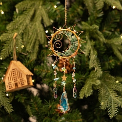 Wire Wrapped Natural Green Aventurine & Metal Sun with Moon Pendant Decorations, with Agate Slice, for Garden Window Hanging Suncatchers, Golden, 390x120mm