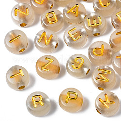 Luminous Acrylic Beads, Glow in the Dark, Metal Enlaced, Horizontal Hole, Flat Round with  Mixed Letter, Golden Plated, 7x3.5mm, Hole: 1.2mm, about 3600pcs/500g