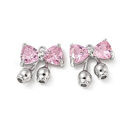 Cremagliera pendenti in ottone placcatura, con vetro rosa perla, charms bowknot, Vero platino placcato, 14x13x4mm, Foro: 1.4 mm