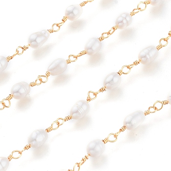Freshwater Pearl Beaded Chains, with Brass Findings & Spool, Unwelded, Long-Lasting Plated, Golden, Pearl: 6~9x5~7mm, about 32.8 Feet(10m)/roll
