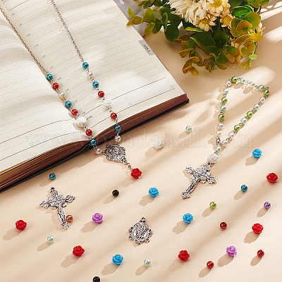 PH PandaHall Rosary Necklace Cross Charms Rosary Making Supplies with Resin  & Plastic Imitation Pearl Beads Cross Beads Kit for Rosary Easter Eid