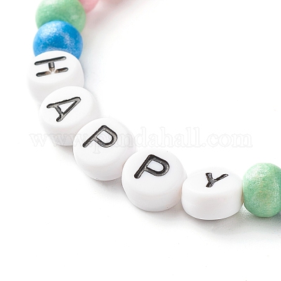 Acrylic Beads Letter Stretch Bracelets, Kids Bracelets, with Natural Wood Beads, Mixed Color, Inner Diameter: 1-7/8 inch(4.8cm)