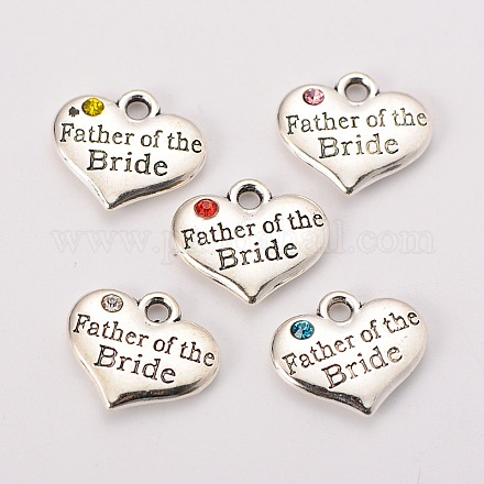Wedding Theme Antique Silver Tone Tibetan Style Alloy Heart with Father of the Bride Rhinestone Charms X-TIBEP-N005-19-1