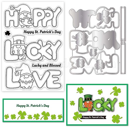 GLOBLELAND Happy St.Patrick's Day Words Theme Clear Stamps and Die Cuts Gnome Silicone Stamps Cards and Metal Cutting Dies for Card Making and DIY Embossing Scrapbooking DIY-GL0003-92-1