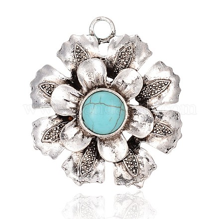 Flower Antique Silver Plated Alloy Synthetic Turquoise Big Pendants PALLOY-J122A-01AS-1