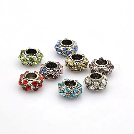 Vintage Large Hole Antique Silver Alloy Pave Rhinestone Rondelle European Beads Fit Snake Chains RB-O021-M-1