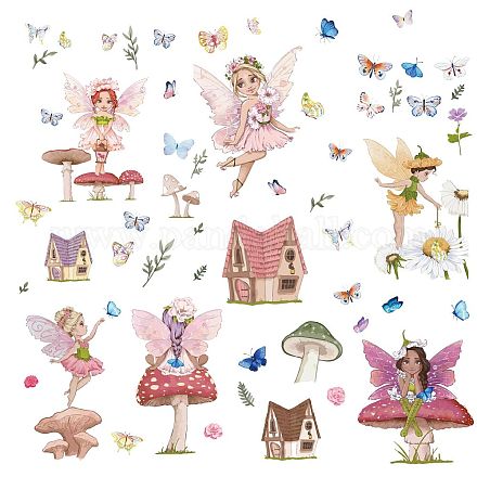 CRASPIRE Fairy Wall Decals Butterflies Wall Stickers Mushroom Window Stickers Waterproof Removable Vinyl Wall Art for Classroom Bedroom Living Room Decorations DIY-WH0345-006-1