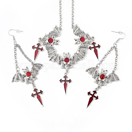 FireBrick Enamel Bat with Cross Pendant Necklace & Dangle Earrings SJEW-G081-03AS-1