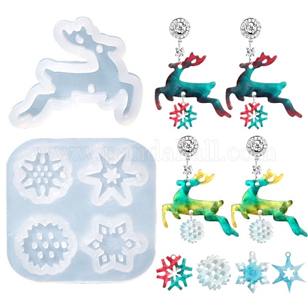 2 Uds. 2 moldes colgantes de silicona con diseño de ciervos navideños y copos de nieve DIY-E055-49-1