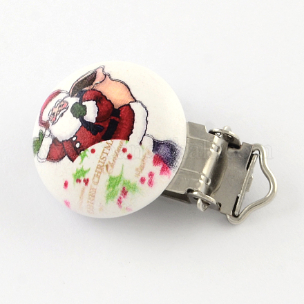 Christmas Santa Claus Pattern Printed Wooden Baby Pacifier Holder Clip with Iron Clasp WOOD-R251-03F-1