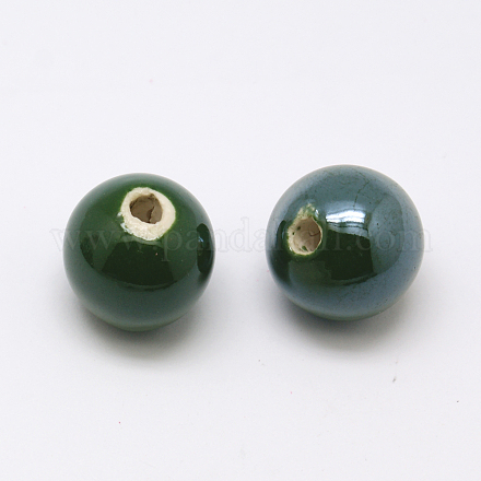 手作りの陶器ビーズ  パールカラーの  ラウンド  濃い緑  18mm  穴：2~3.5mm PORC-D001-18mm-20-1
