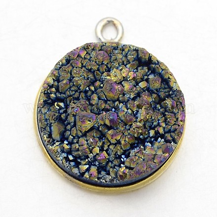 Natural Druzy Agate Crystal Electroplate Flat Round Pendants G-F168-13D-1