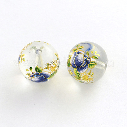Flower Picture Transparent Glass Round Beads GFB-R004-14mm-U14-1