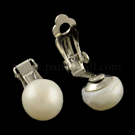 Half Round Natural Pearl Clip-on Earrings EJEW-R106-01-1