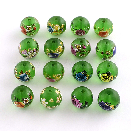 Flower Pattern Glass Round Beads GFB-R004-14mm-M04-1