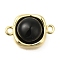 Brass Pave Black Glass Square Links Connector Charms, Real 18K Gold Plated, 16x11x5.5mm, Hole: 1.5mm