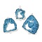 Dyed Natural Druzy Agate links, with Brass Edged, Silver Color Plated, Sky Blue, 36.5~79x21~44x6.5~9mm, Hole: 2.5mm