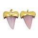 天然石ローズクォーツペンダント  真鍮パーツ  ゴールドカラー  サメの歯の形状  46x36x9mm  穴：8x5mm G-N0052-13A-1