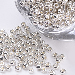 Plated Glass Seed Beads, Round, Silver, 2~2.3x1.5mm, Hole: 0.8mm, about 30000pcs/bag, about 450g/bag