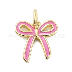 Messing Emaille Anhänger / charms, mit Sprungring, Gestell, Bleifrei und cadmium frei, langlebig plattiert, Bowknot-Charme, echtes 18k vergoldet, neon rosa , 11.5x11.5x2 mm, Bohrung: 3.4 mm