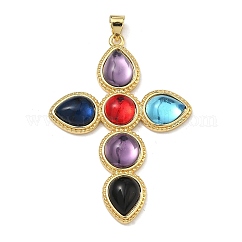Ciondoli in resina in ottone, fascino incrociato, piombo & cadimo libero, placcatura cremagliera, placcato di lunga durata, vero placcato oro 18k, colorato, 45.5x32.5x5mm, Foro: 4x3.2 mm