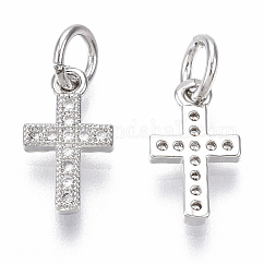 Ciondoli a croce in ottone con micro pavé di zirconi cubici, con anello di salto, nichel libero, chiaro, Vero platino placcato, 12x7x1.5mm, Foro: 3 mm