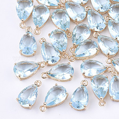 Transparente Glas Anhänger / charms, mit Messing-Zubehör, facettiert, Träne, Licht Gold, blassem Türkis, 15x8x6 mm, Bohrung: 1.2 mm
