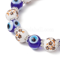 Bracelets extensibles en porcelaine imprimée de fleurs faites à la main et perles de mauvais œil en lampwork faites à la main pour femmes&nbsp;BJEW-JB12105-01