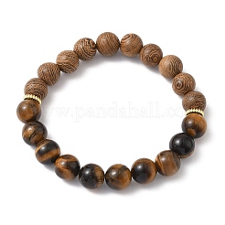 2 set di 2 braccialetti elastici con perline rotonde in legno e occhio di tigre naturale per uomo e donna&nbsp;BJEW-JB12350