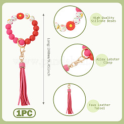 Porte-clés avec perles rondes en silicone et pompon en similicuir&nbsp;HJEW-TAC0135