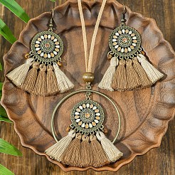 Collier pendentif pompon en alliage et bois et boucle d'oreille pendante&nbsp;FS-WGEEC72-04