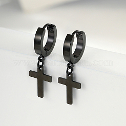Boucles d'oreilles créoles avec pendentif croix en acier inoxydable 201 de style hip-hop pour femmes&nbsp;UB5113
