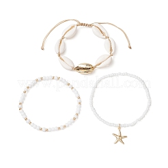 3 stücke 3 arten glas Saatperlen stretch armbänder & charme armbänder & natürliche gemischte kauri shell perlen geflochtene armbänder&nbsp;BJEW-TA00639
