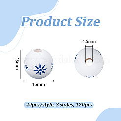 120 pieza de 3 estilos de cuentas de madera de porcelana impresas en azul y blanco&nbsp;WOOD-OC0004-16