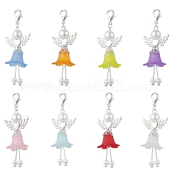 8 pz 8 colori acrilico satinato e perle di vetro ciondolo decorazione a forma di angelo con fiore&nbsp;HJEW-JM03482