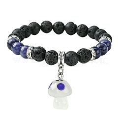 Bracciale elasticizzato con perline rotonde in pietra lavica naturale e occhio di gatto con ciondoli a forma di fungo in resina&nbsp;BJEW-JB09648
