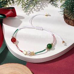 Navidad 8mm redondo teñido natural malasia jade y cornalina natural y cuentas de semillas de vidrio pulseras de cuentas trenzadas&nbsp;BJEW-MZ00070-02
