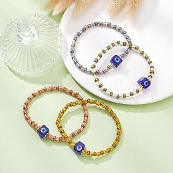 Pulsera elástica con cuentas de semillas de vidrio y lámparas de mal de ojo&nbsp;BJEW-JB09528