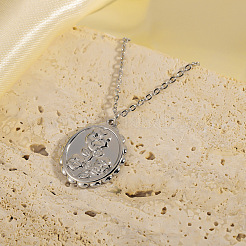 Colliers pendentifs ovales en acier inoxydable 304 à motif floral en relief pour femmes&nbsp;WGAFB1B-02