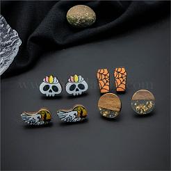 Halloween-Grabstein-Geisterschädel-Ohrstecker-Set aus Holz&nbsp;EJEW-OY002-01