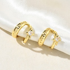 Pendientes de brazalete en forma de C con estrella de latón y micro pavé de circonitas cúbicas transparentes.&nbsp;EJEW-L316-01G-12