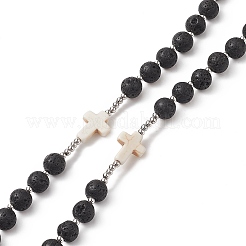 Halskette aus natürlichem Lavagestein und synthetischen türkisfarbenen Kreuz-Rosenkranzperlen&nbsp;NJEW-JN04202