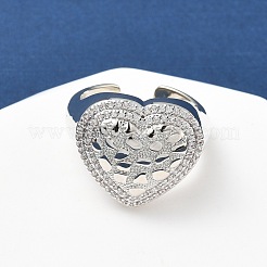 Manschettenringe aus Messing mit Mikropflaster und Zirkonia in Herzform für Damen&nbsp;RJEW-A069-08P
