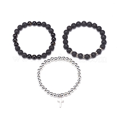 Juego de pulseras elásticas de hematita sintética y obsidiana con brillo dorado&nbsp;BJEW-JB08735